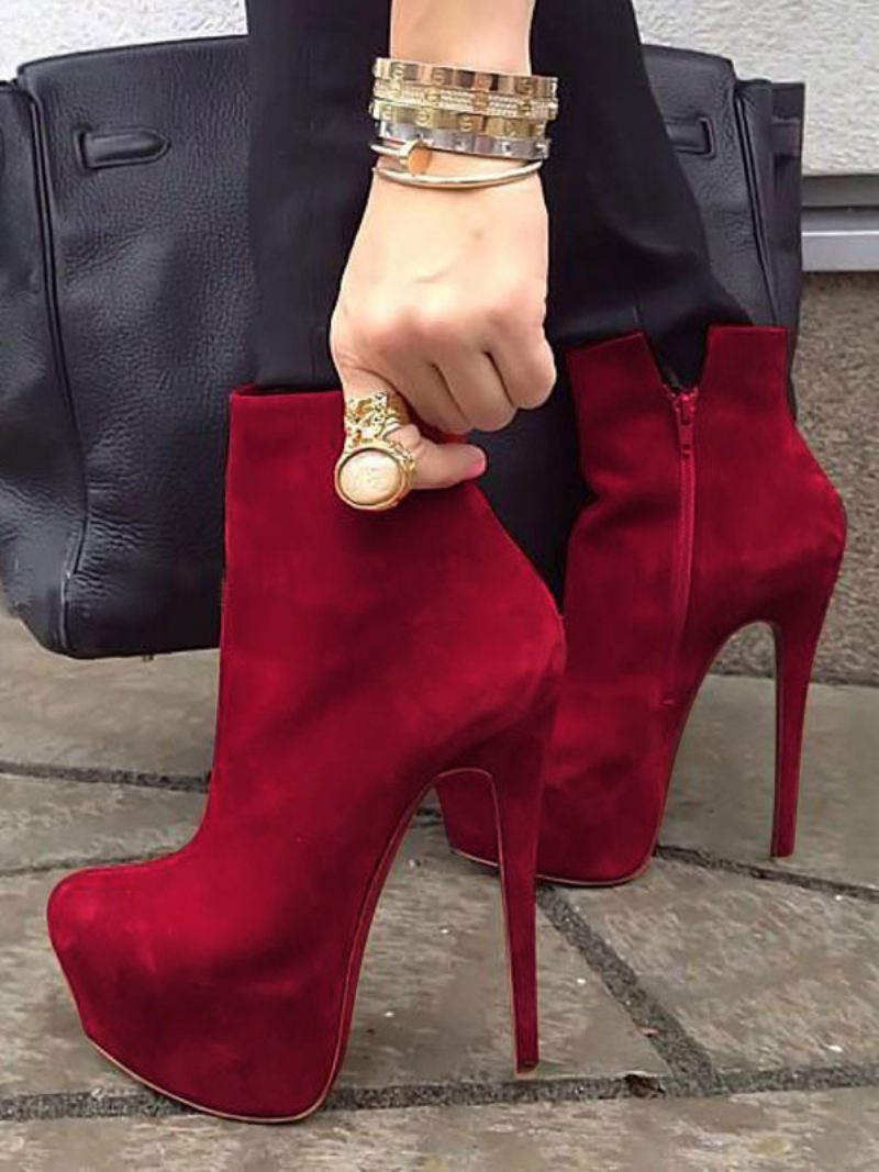 Bottines À Talons Hauts Zippées Plateforme Rouge Pour Femmes