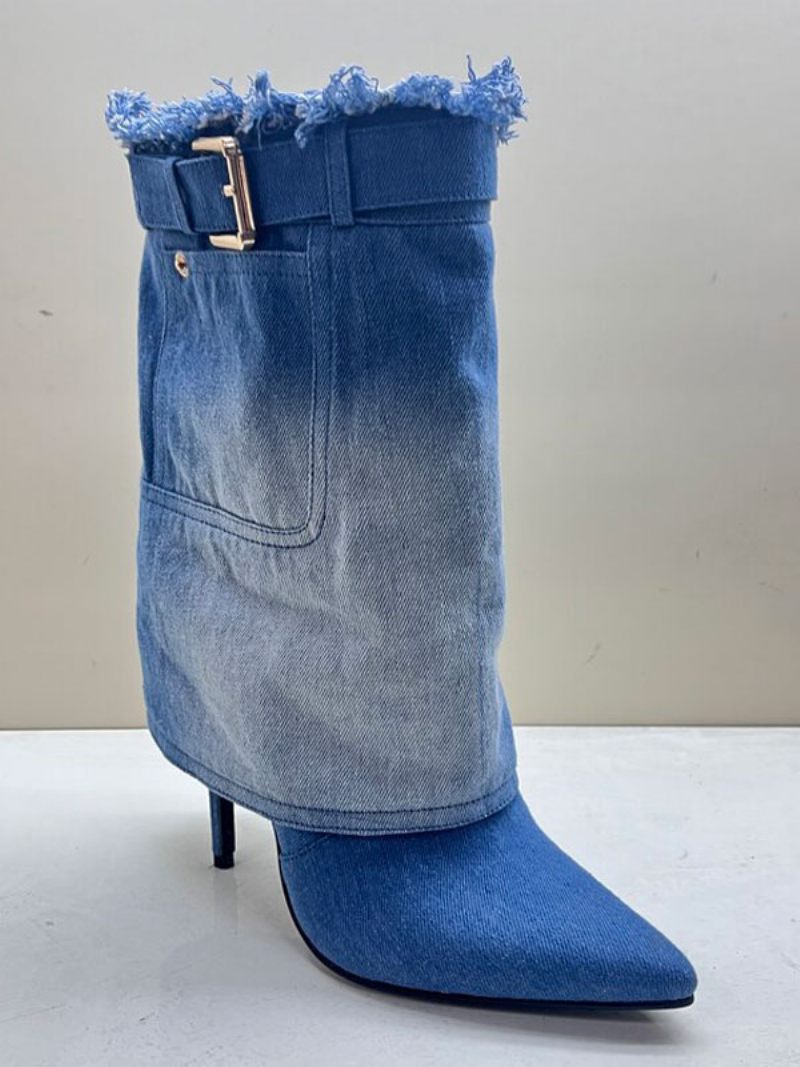 Bottines Toile À Bout Pointu Et Talon Aiguille Pour Femmes - Bleu