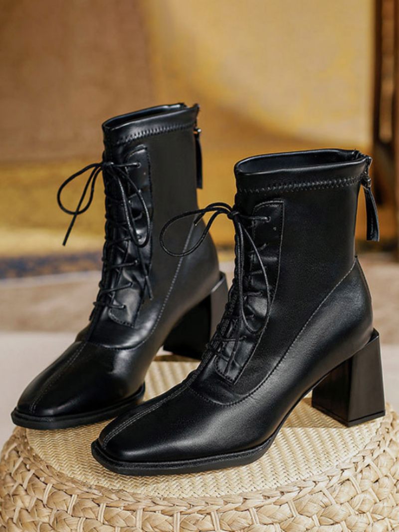 Bottines Vintage Pour Femmes Bout Carré À Lacets Et Talons Épais - Noir