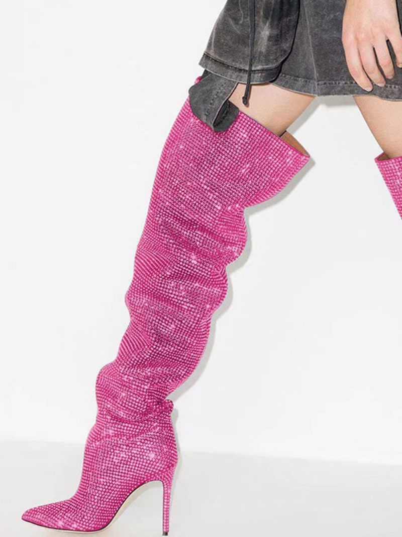 Cuissardes Argentées Pour Femmes Bottes Fête À Bout Pointu Avec Strass - Rose