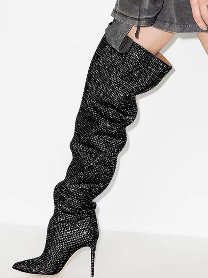 Cuissardes Argentées Pour Femmes Bottes Fête À Bout Pointu Avec Strass - Noir