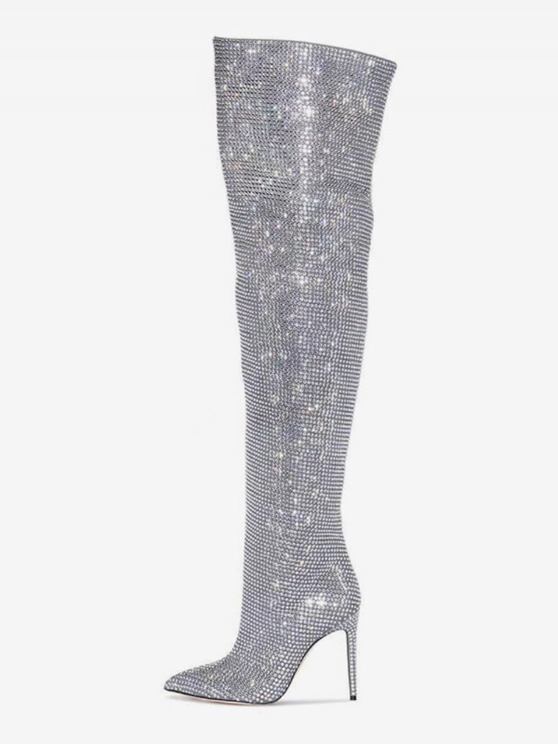 Cuissardes Argentées Pour Femmes Bottes Fête À Bout Pointu Avec Strass - Argent