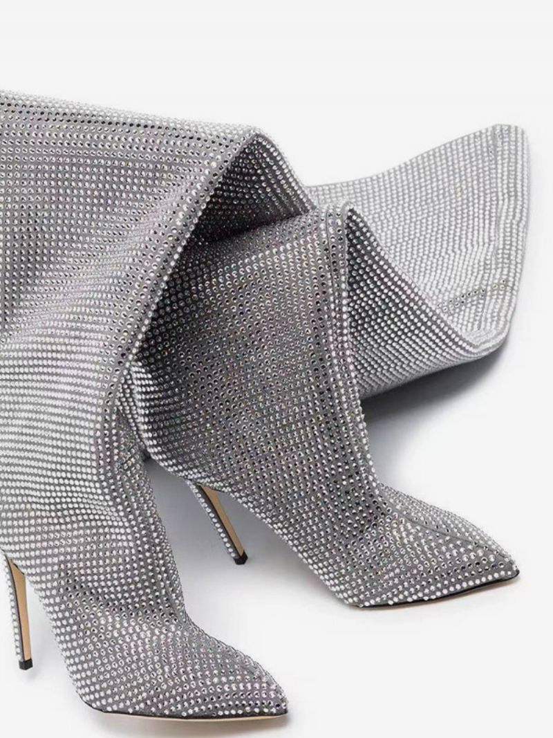 Cuissardes Argentées Pour Femmes Bottes Fête À Bout Pointu Avec Strass - Argent