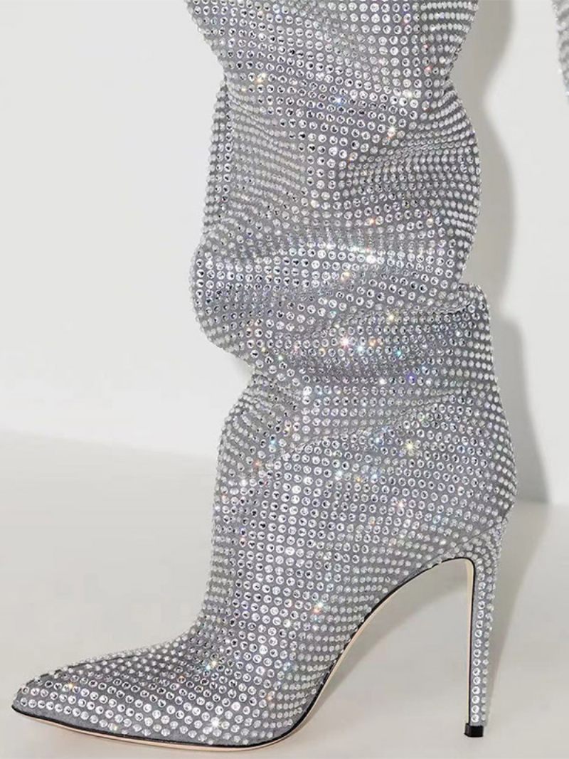 Cuissardes Argentées Pour Femmes Bottes Fête À Bout Pointu Avec Strass - Argent