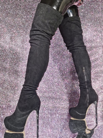 Cuissardes Daim Pour Femmes Bottes Sexy À Plateforme Noire Talons Hauts Au-dessus Du Genou