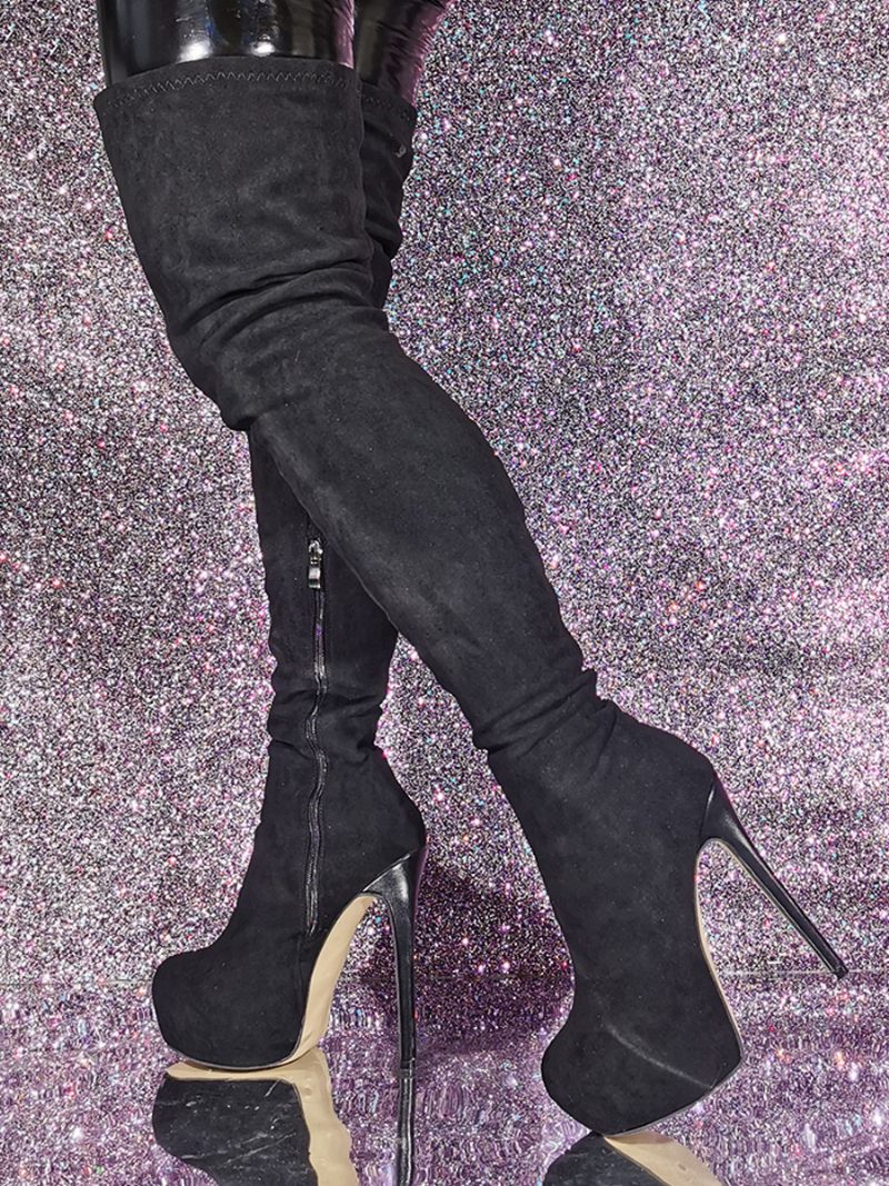 Cuissardes Daim Pour Femmes Bottes Sexy À Plateforme Noire Talons Hauts Au-dessus Du Genou - Noir