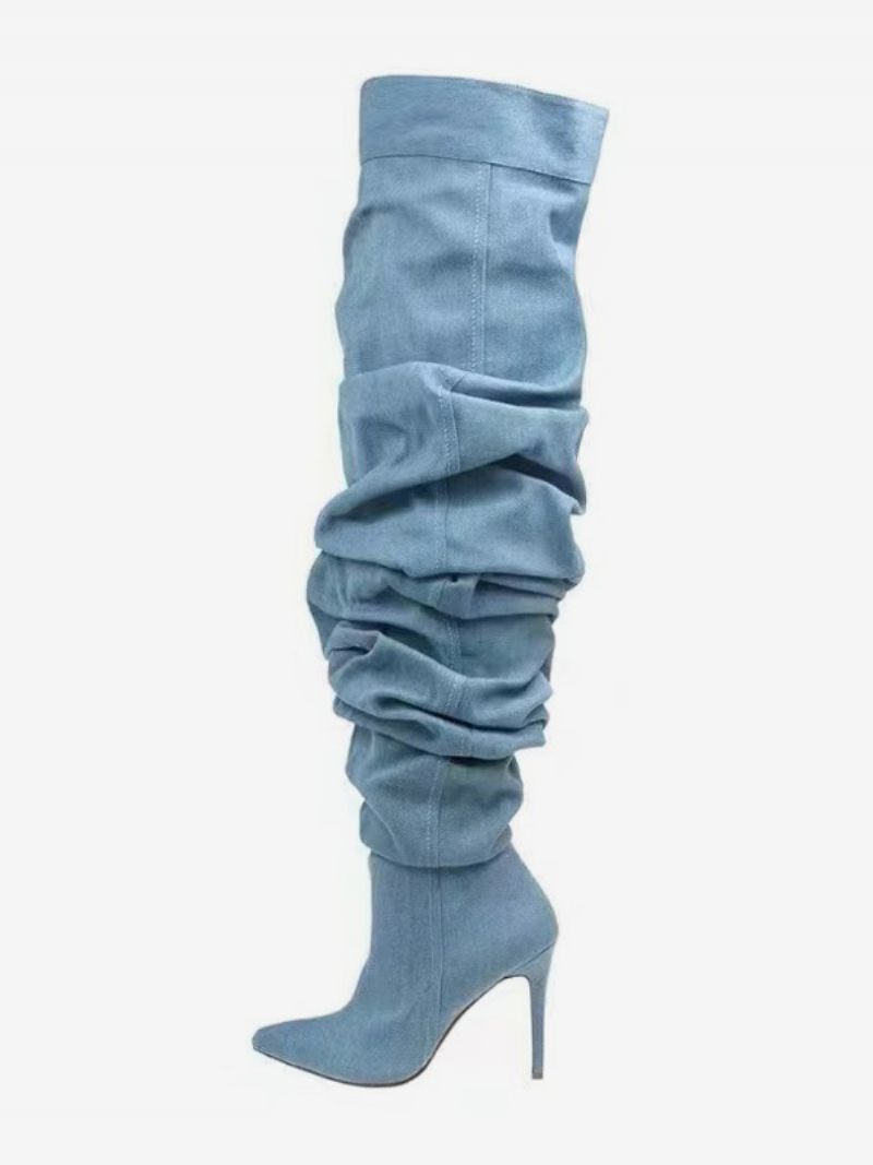 Cuissardes Pour Femmes Bottes Bleues À Bout Pointu Talons Hauts Et Amples