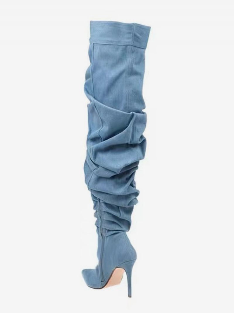 Cuissardes Pour Femmes Bottes Bleues À Bout Pointu Talons Hauts Et Amples - Bleu Ciel Clair