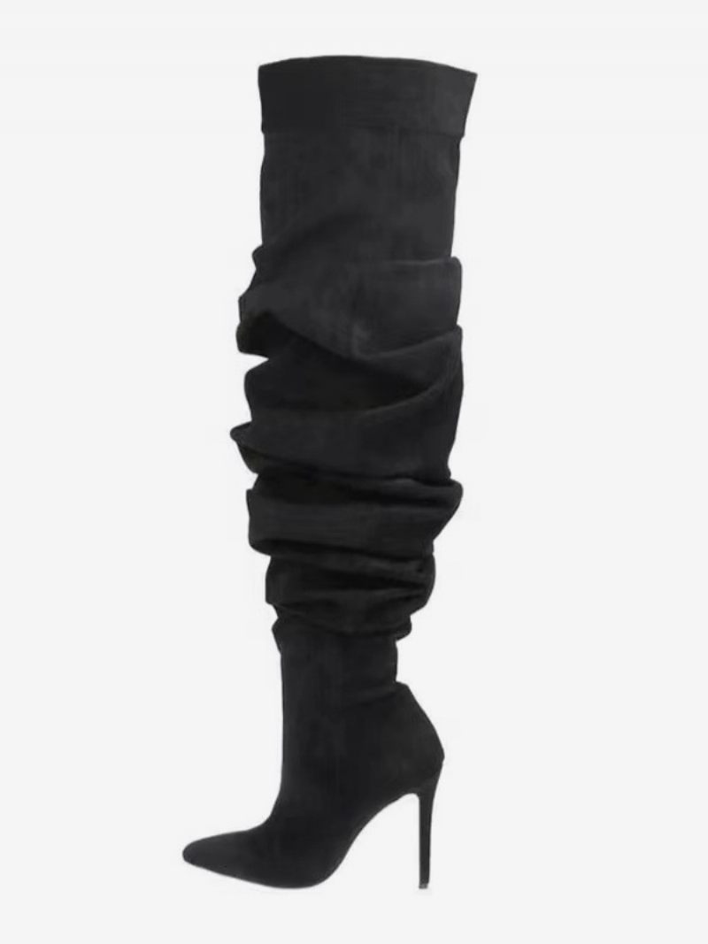 Cuissardes Pour Femmes Bottes Bleues À Bout Pointu Talons Hauts Et Amples - Noir