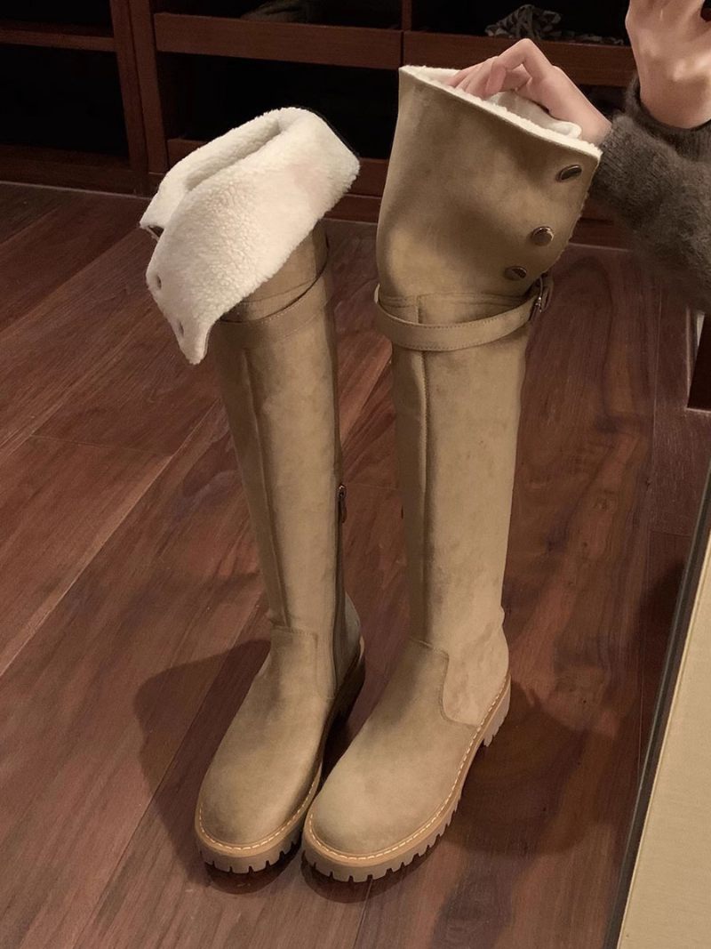 Cuissardes Pour Femmes Bottes D'hiver Courtes Peluche À Bout Rond Daim Kaki