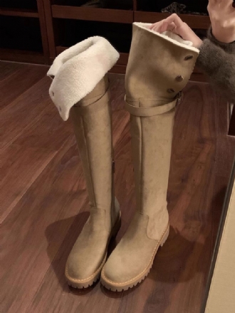 Cuissardes Pour Femmes Bottes D'hiver Courtes Peluche À Bout Rond Daim Kaki