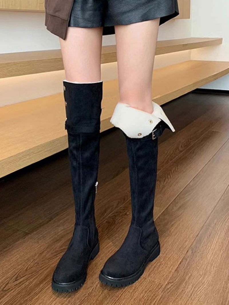 Cuissardes Pour Femmes Bottes D'hiver Courtes Peluche À Bout Rond Daim Kaki - Noir