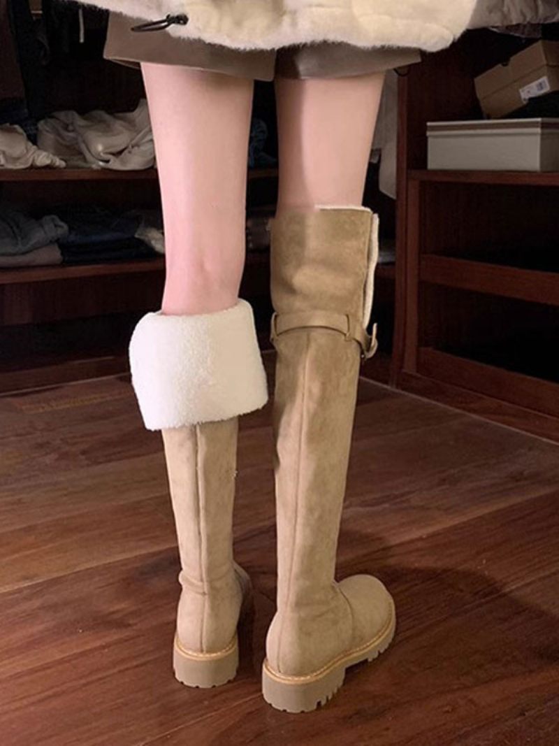 Cuissardes Pour Femmes Bottes D'hiver Courtes Peluche À Bout Rond Daim Kaki - Kaki