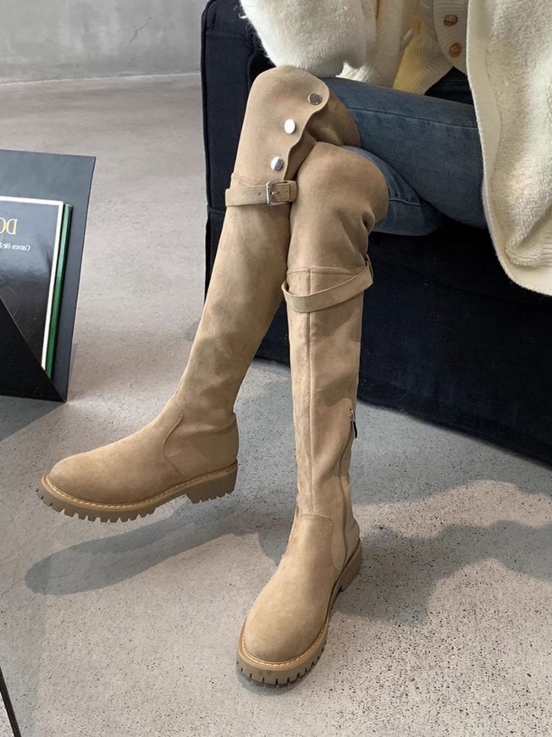 Cuissardes Pour Femmes Bottes D'hiver Courtes Peluche À Bout Rond Daim Kaki - Kaki