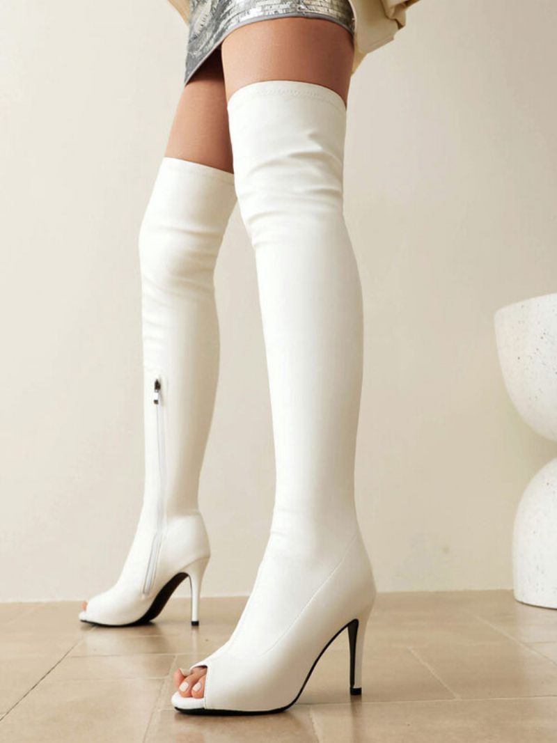 Cuissardes Pour Femmes Bottes Rouges À Bout Ouvert Extensibles Sexy - Blanc