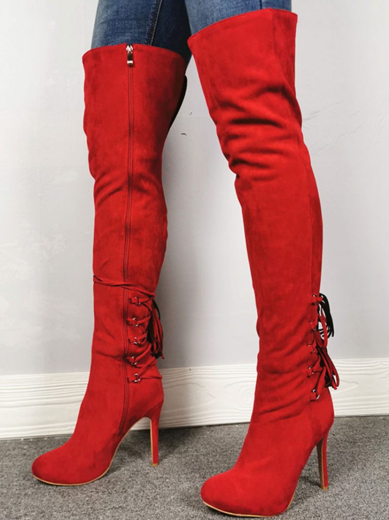 Cuissardes Pour Femmes Bottes Rouges À Bout Pointu Avec Fermeture Éclair Talons Hauts Et