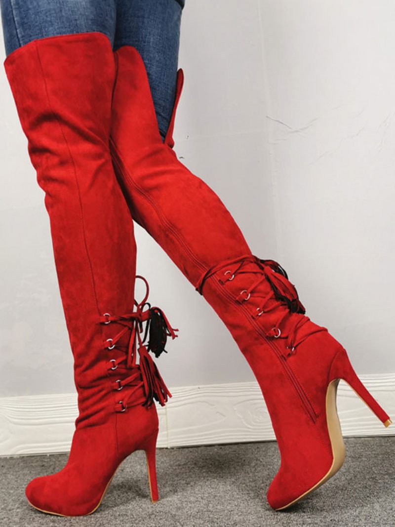 Cuissardes Pour Femmes Bottes Rouges À Bout Pointu Avec Fermeture Éclair Talons Hauts Et - Rouge