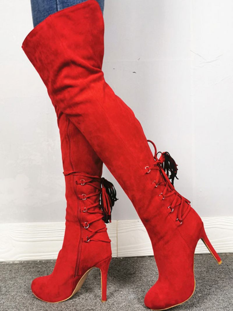 Cuissardes Pour Femmes Bottes Rouges À Bout Pointu Avec Fermeture Éclair Talons Hauts Et - Rouge