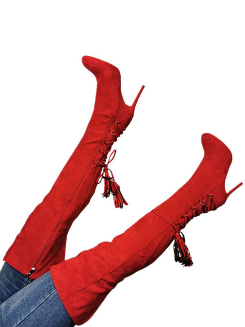 Cuissardes Pour Femmes Bottes Rouges À Bout Pointu Avec Fermeture Éclair Talons Hauts Et - Rouge