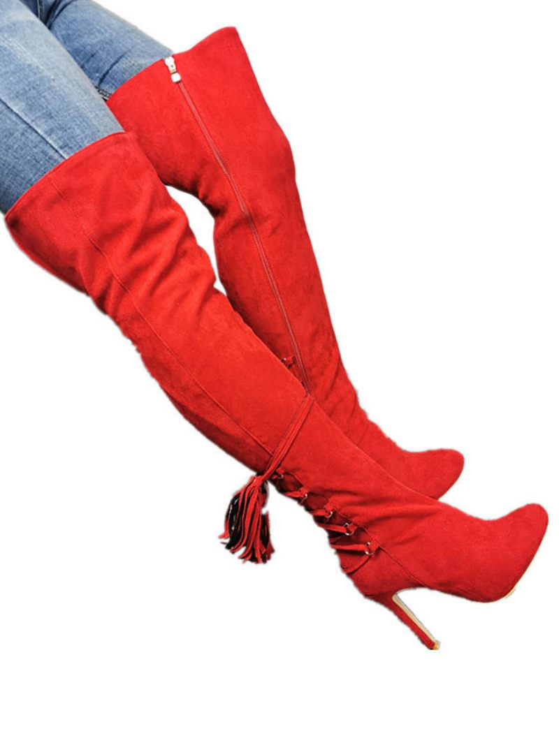 Cuissardes Pour Femmes Bottes Rouges À Bout Pointu Avec Fermeture Éclair Talons Hauts Et - Rouge