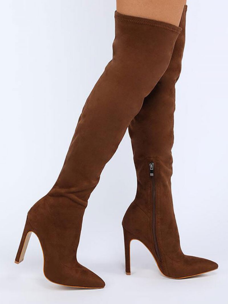 Cuissardes Pour Femmes Bottes À Talons Épais Tissu Élastique Orange - Café Marron