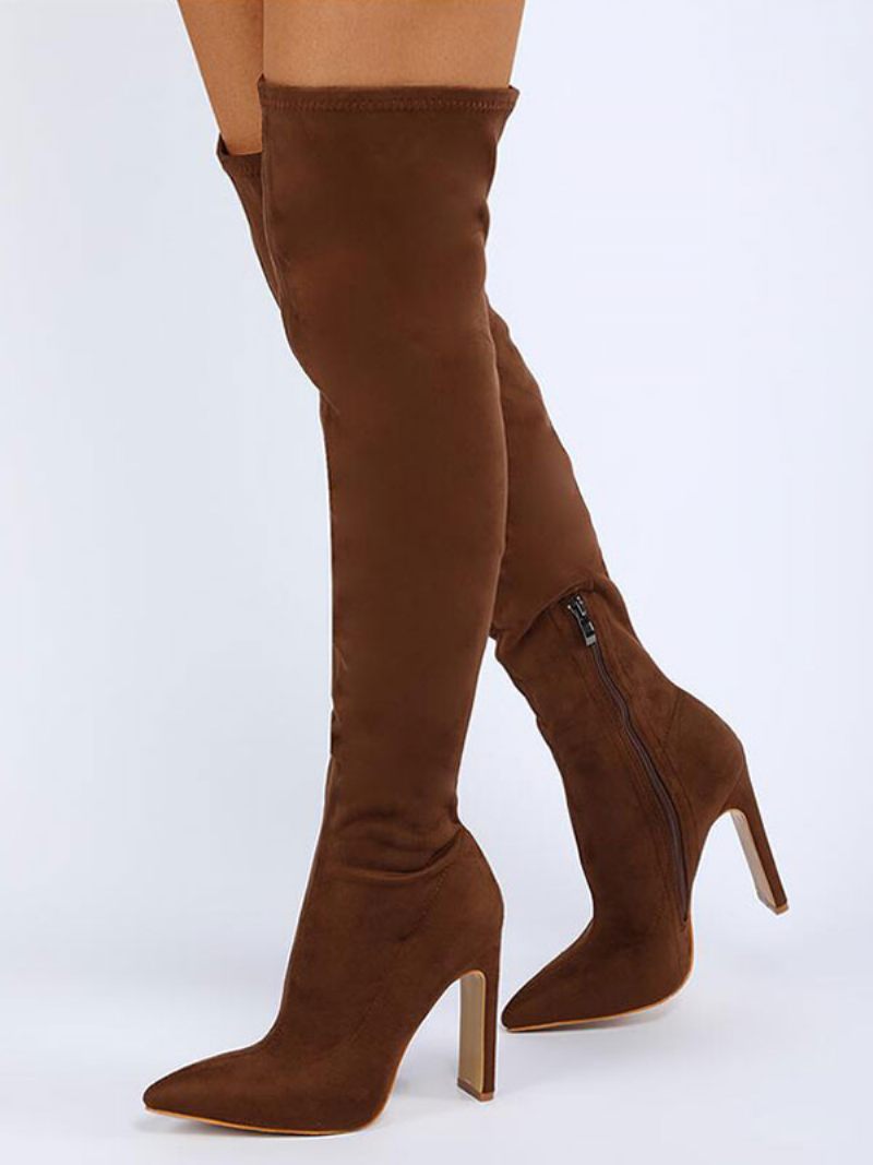 Cuissardes Pour Femmes Bottes À Talons Épais Tissu Élastique Orange - Café Marron