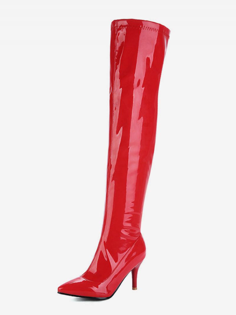 Cuissardes Femmes Brevet Bout Pointu Talon Aiguille Cuir Brillant Sur Les Bottes Au Genou - Rouge