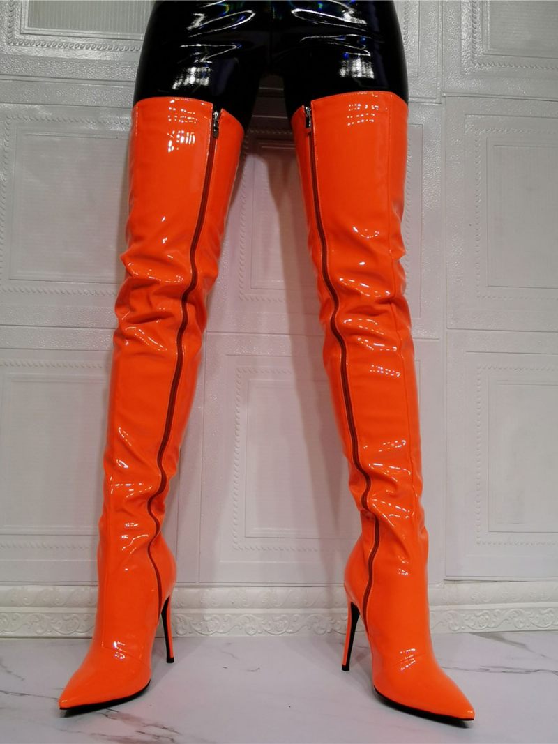 Cuissardes Femmes Couleur Unie Bout Pointu Talon Aiguille Cuir Brillant Sur Les Bottes Au Genou - Orange