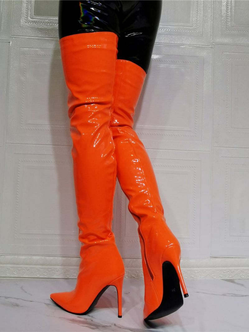 Cuissardes Femmes Couleur Unie Bout Pointu Talon Aiguille Cuir Brillant Sur Les Bottes Au Genou - Orange