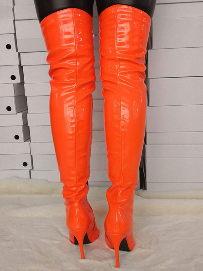 Cuissardes Femmes Couleur Unie Bout Pointu Talon Aiguille Cuir Brillant Sur Les Bottes Au Genou - Orange