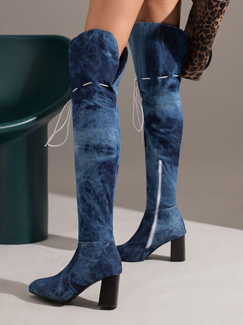 Cuissardes Hautes Pour Femmes Bottes À Bout Pointu Et Talons Au-dessus Du Genou - Bleu Profond