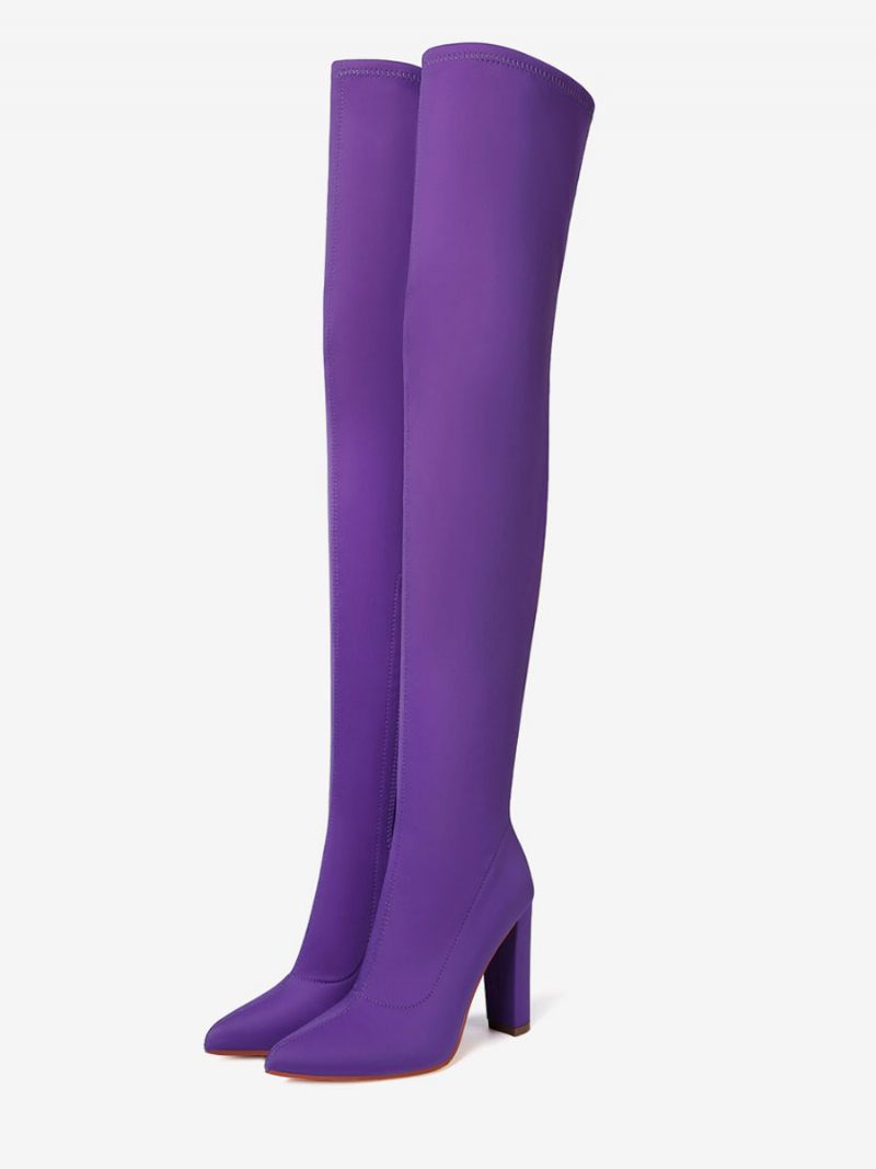 Cuissardes Hautes Pour Femmes Talon Pointu Bloc Bottes Élastiques Au-dessus Du Genou - Violet