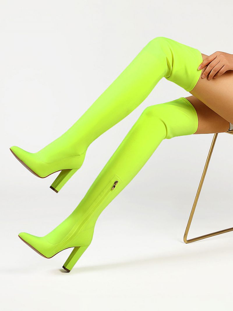 Cuissardes Hautes Pour Femmes Talon Pointu Bloc Bottes Élastiques Au-dessus Du Genou - Jaune Vert