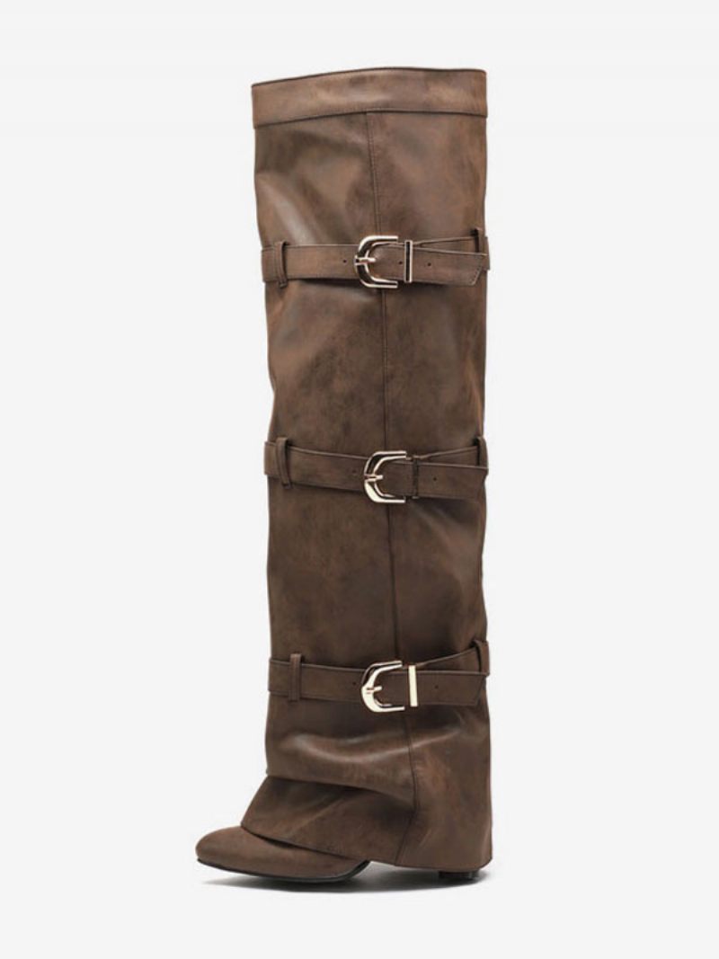 Cuissardes Marron Pour Femmes Bottes Repliées À Bout Pointu Avec Boucle