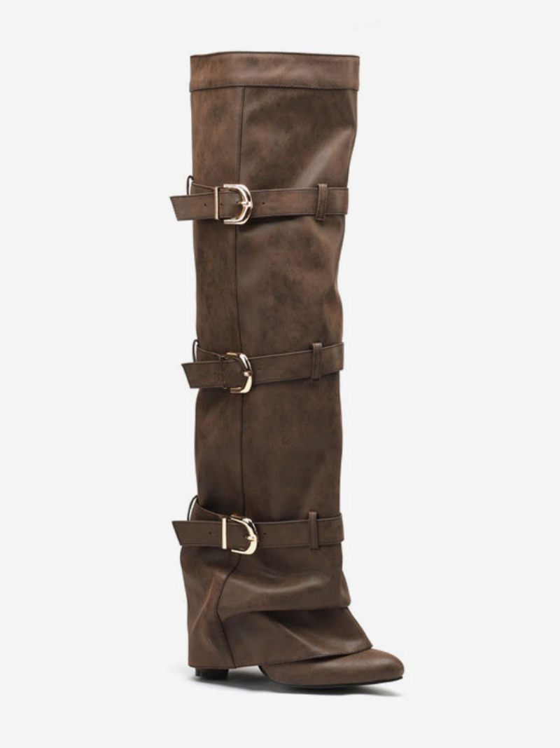 Cuissardes Marron Pour Femmes Bottes Repliées À Bout Pointu Avec Boucle - Marron Café