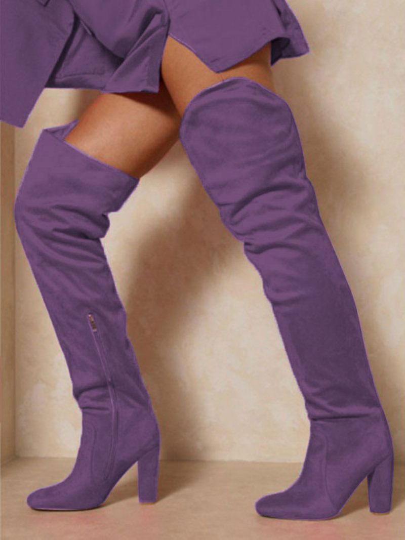 Cuissardes À Mollet Large Pour Femmes Bottes Hautes Daim Talon Épais Au-dessus Du Genou - Violet