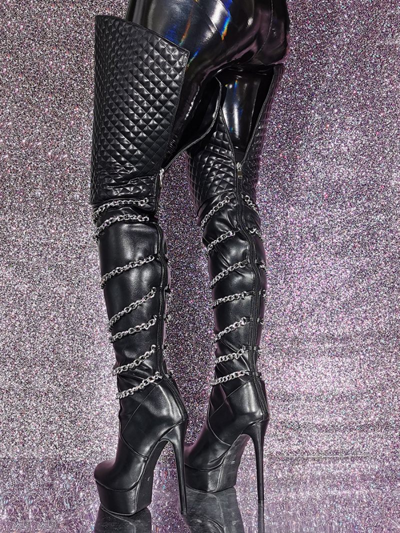 Cuissardes Noires Pour Femmes Bottes Hautes À Talons Hauts Détails Métal Sexy Au Dessus Du Genou - Noir