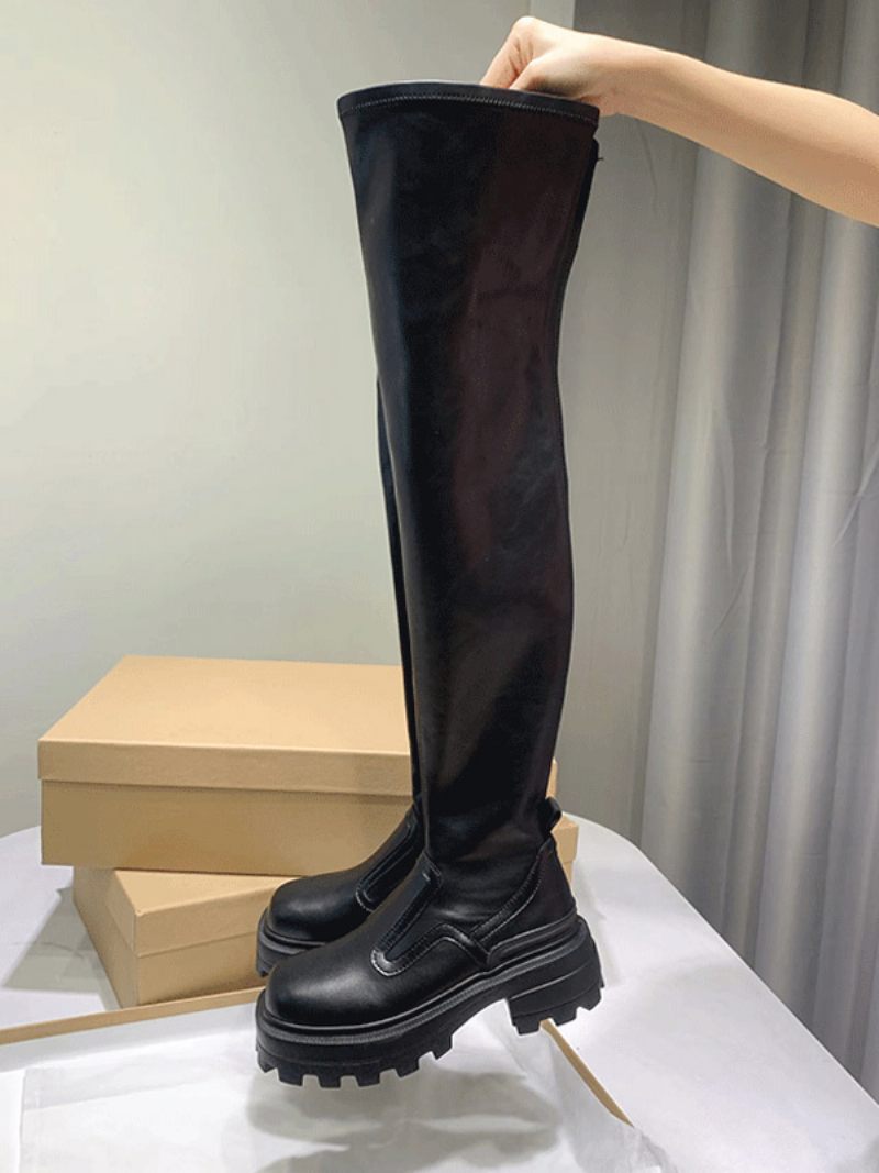 Cuissardes Noires Pour Femmes Bottes À Plateforme Bout Rond Talon Épais Hautes