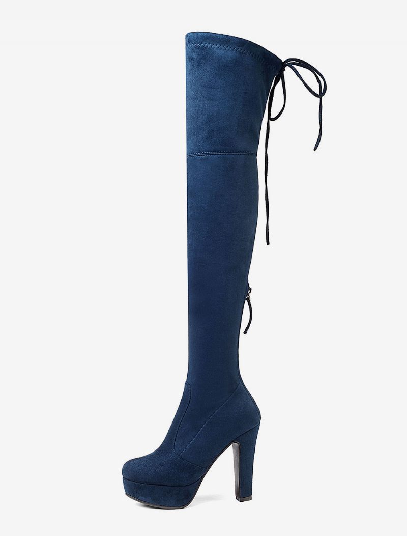 Cuissardes À Plateforme Pour Femmes Bottes Tissu Élastique Lacets Bout Amande Talon Épais Au-dessus Du Genou - Bleu Profond