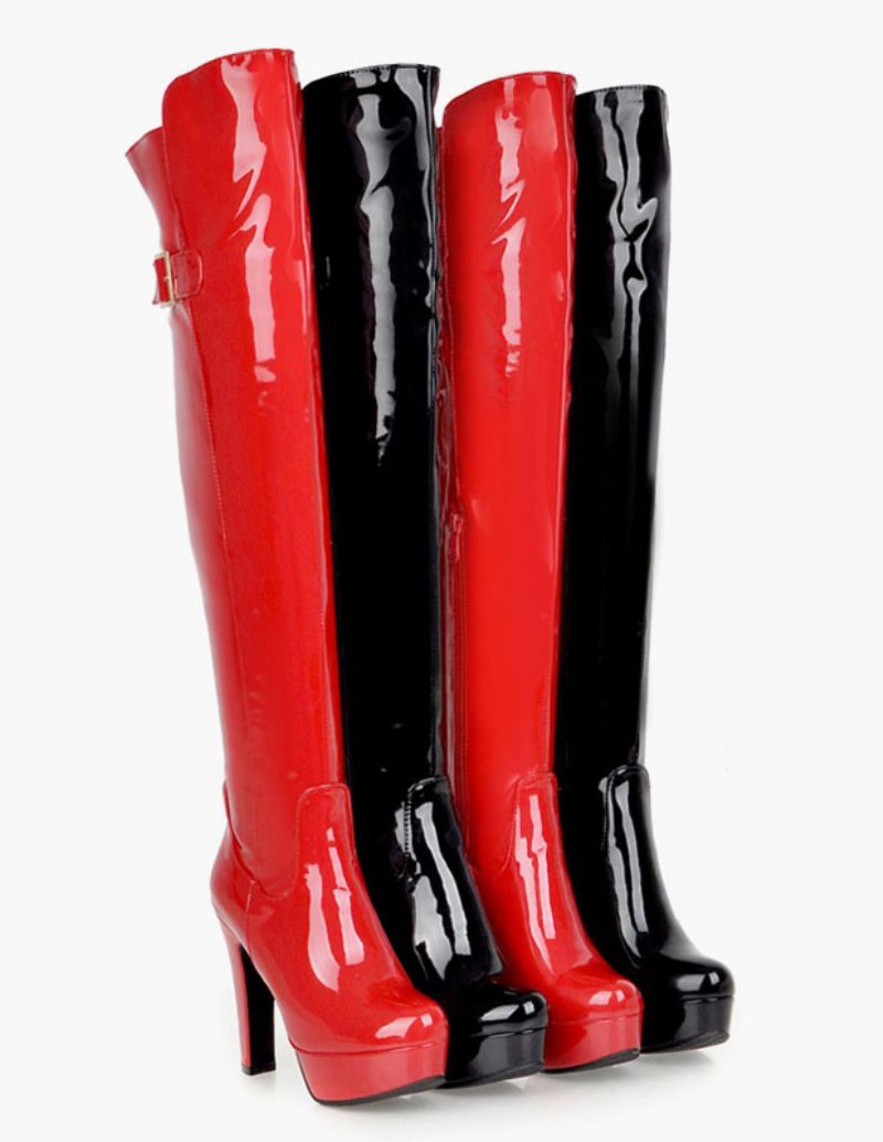 Cuissardes À Plateforme Pour Femmes Bout Rond Bottes Talons Épais Cuir Brillant - Rouge