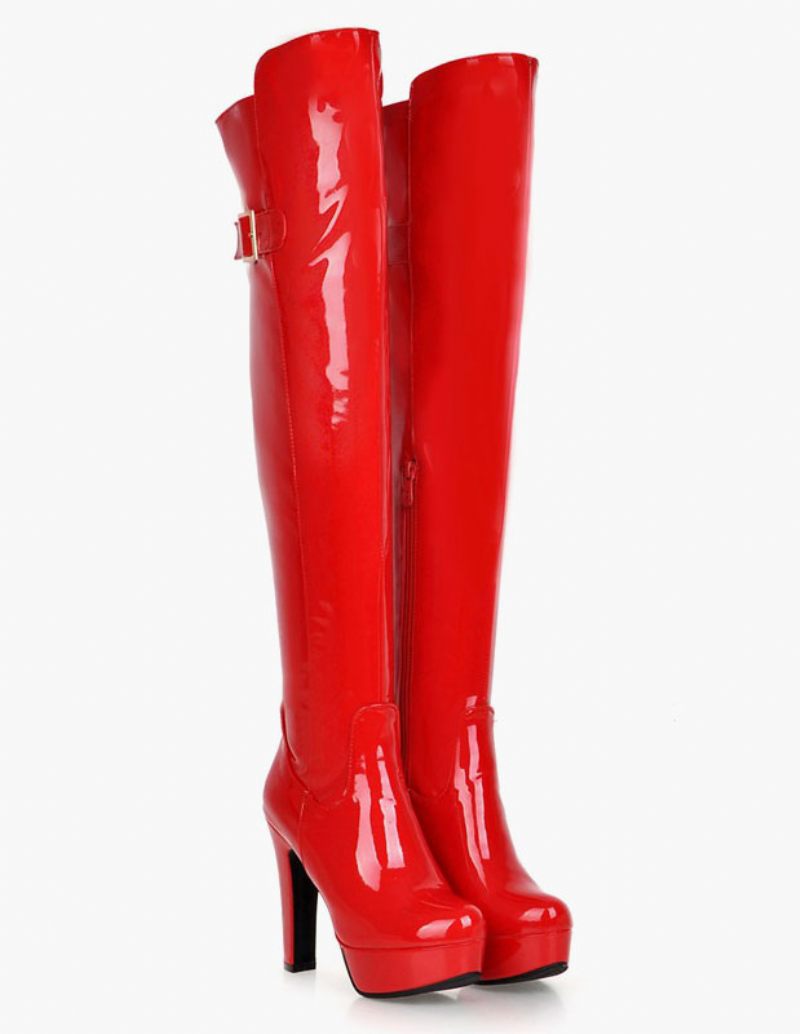 Cuissardes À Plateforme Pour Femmes Bout Rond Bottes Talons Épais Cuir Brillant - Rouge