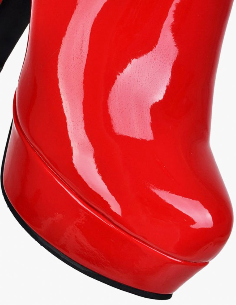 Cuissardes À Plateforme Pour Femmes Bout Rond Bottes Talons Épais Cuir Brillant - Rouge