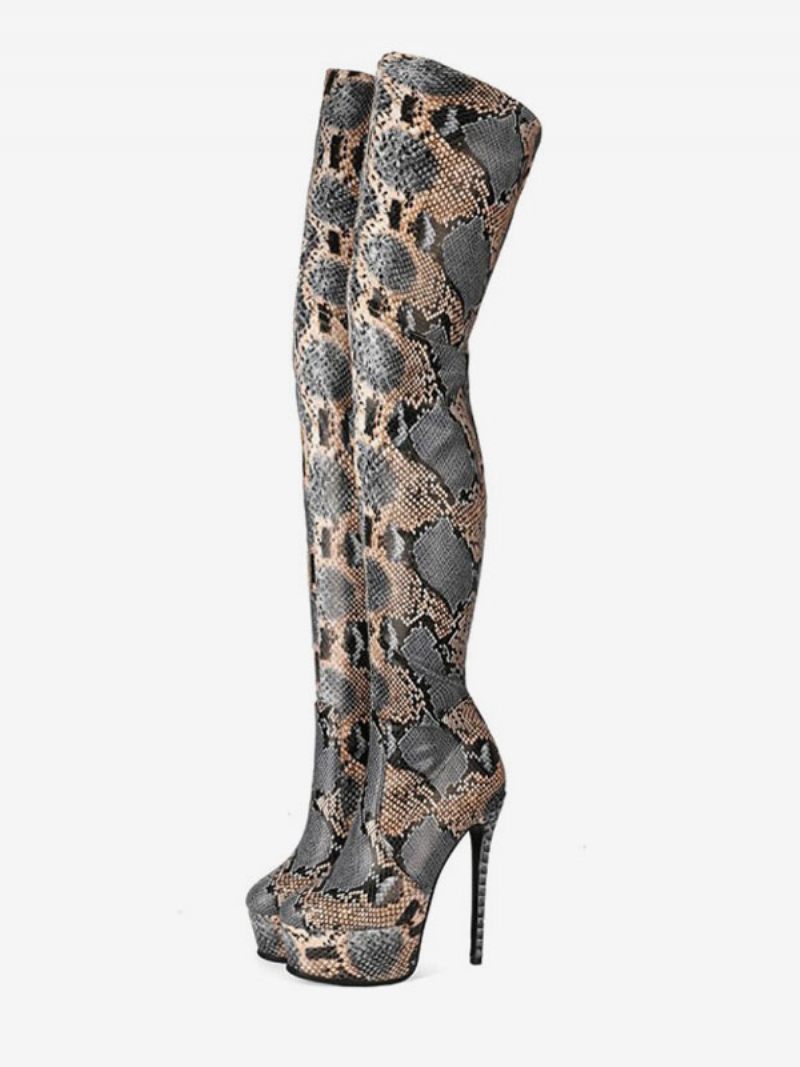 Cuissardes Python Bottes D'hiver À Imprimé Serpent Bout Rond Pour Femmes