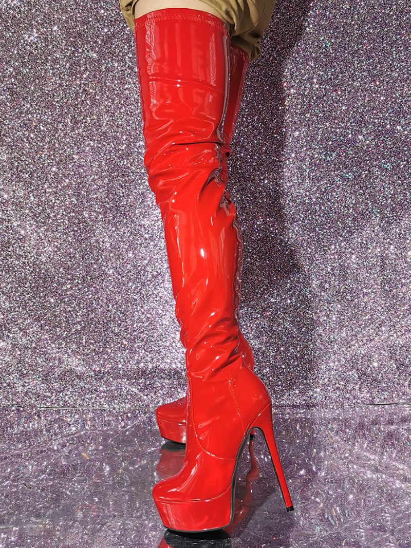 Cuissardes Sexy Pour Femmes Bottes À Plateforme Rouge Talons Hauts Sur Les Au Genou - Rouge