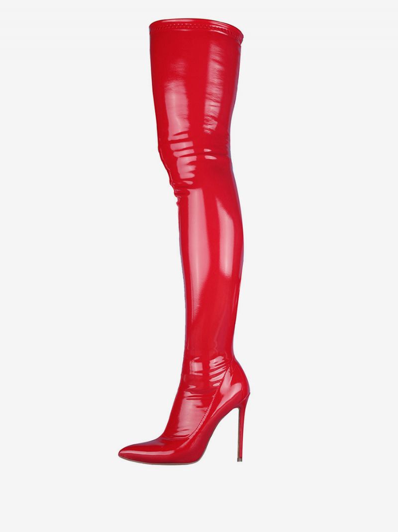 Cuissardes À Talon Aiguille Pour Femme Cuir Verni Brillant - Rouge