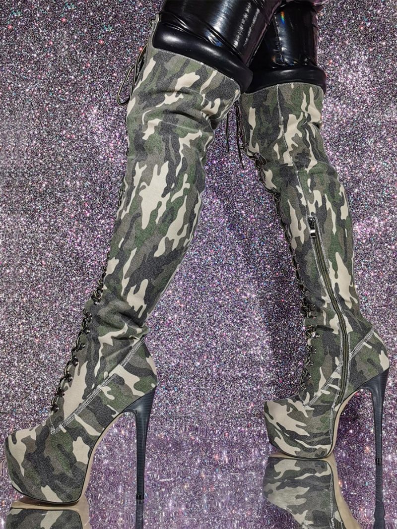 Cuissardes À Talons Aiguilles Et Imprimé Camouflage Pour Femmes - Vert Chasseur