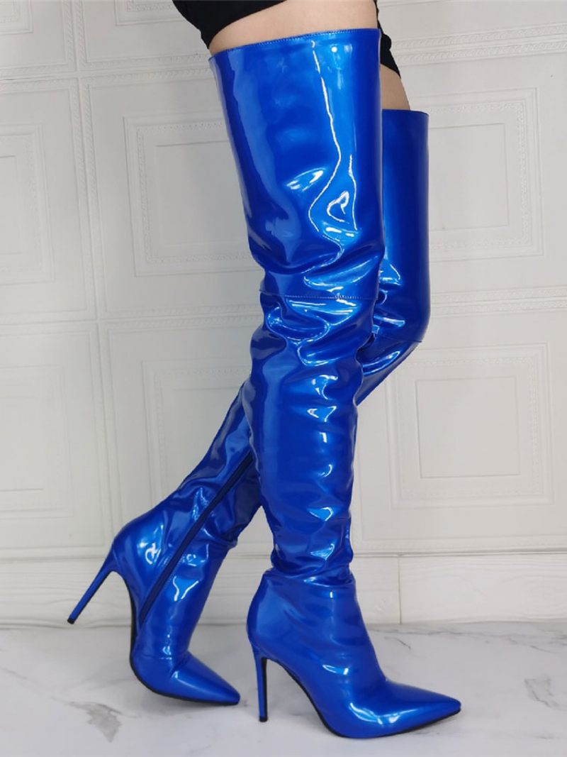 Cuissardes À Talons Hauts Pour Femmes Cuir Verni - Bleu Royal