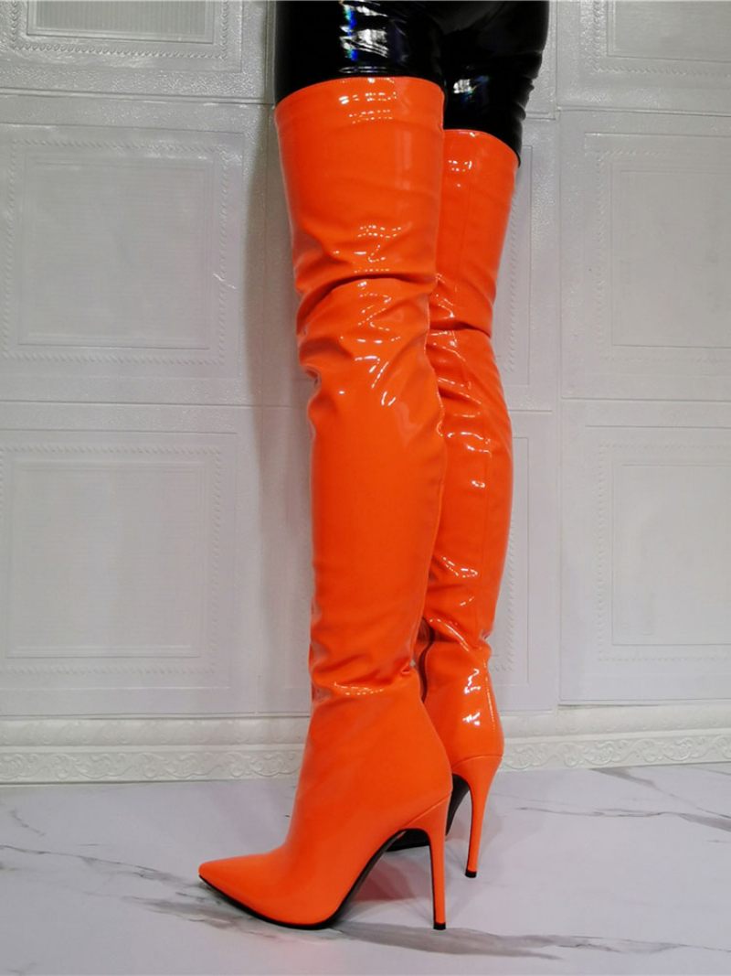 Cuissardes À Talons Hauts Pour Femmes Cuir Verni Brillant Orange - Orange