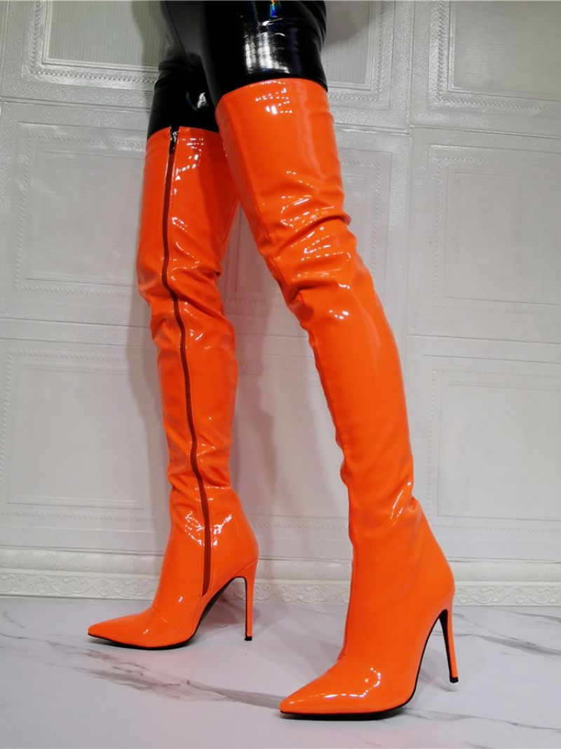 Cuissardes À Talons Hauts Pour Femmes Cuir Verni Brillant Orange - Orange