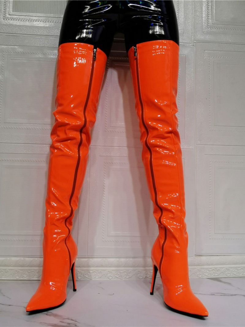 Cuissardes À Talons Hauts Pour Femmes Cuir Verni Brillant Orange - Orange